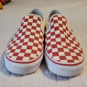 Red checkered Vans slip-ons